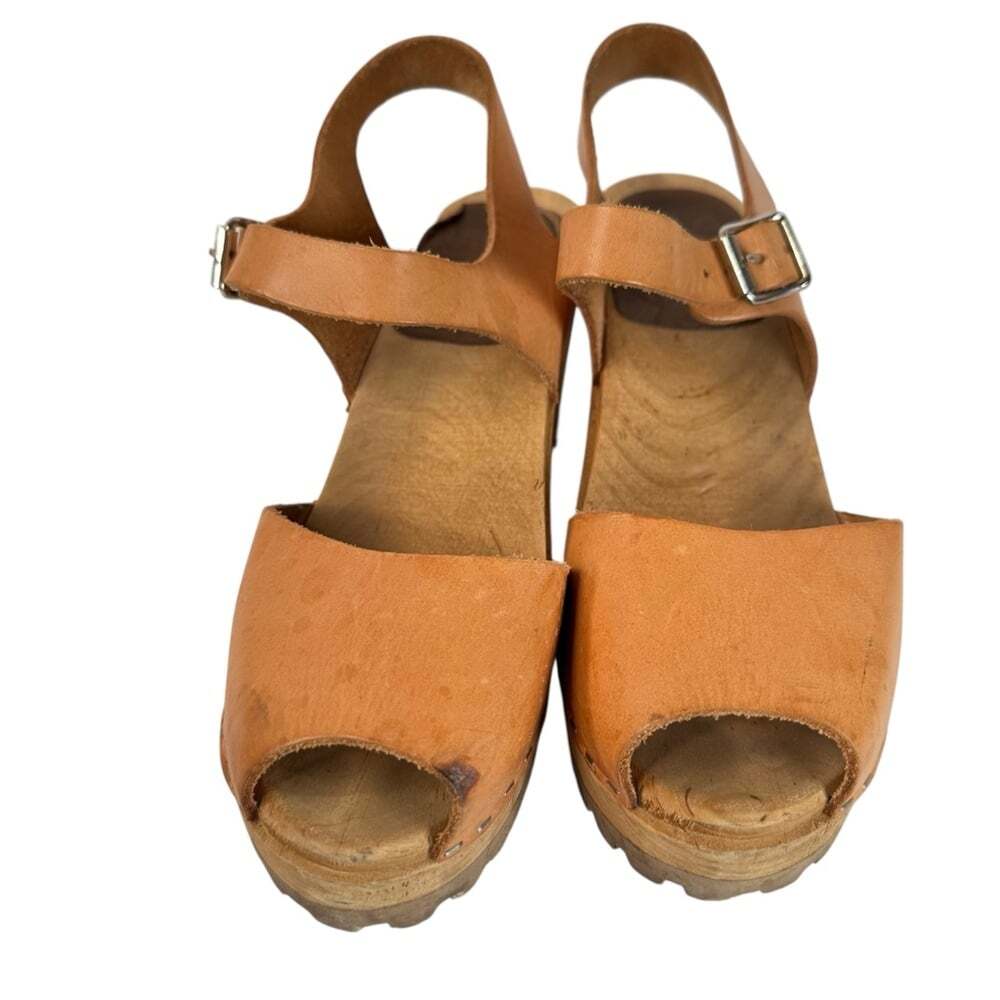 Swedish Leather Wooden Clogs Slingback Platform Sandals EU 39 Tan Boho